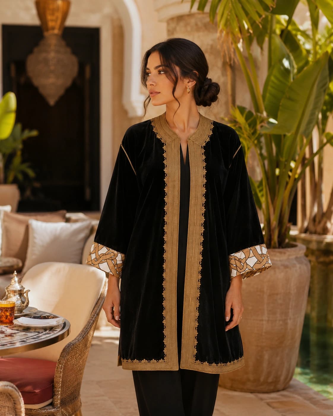 Veste velours noir doré en terrasse